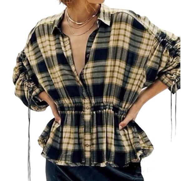 We The Free Pacific Dawn Plaid Snap Front Shirt Ruched Sleeves Tie Waist XS NWT - Picture 10 of 10